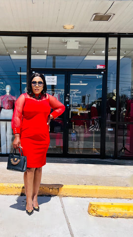 SHANE DETAIL NECK MESH SLEEVE MIDI DRESS (Red) SHANE DETAIL NECK MESH SLEEVE MIDI DRESS (Red)