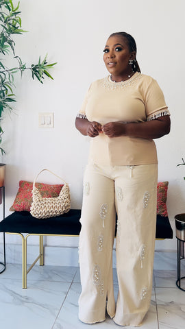 TWINKLE PEARL FRINGE WIDE LEG DENIM / JEAN PANT (Nude) TWINKLE PEARL FRINGE WIDE LEG DENIM / JEAN PANT (Nude)