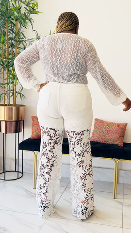 NICKI LACE HALF LACE PANEL DENIM/ JEANS PANT(White) NICKI LACE HALF LACE PANEL DENIM/ JEANS PANT(White)