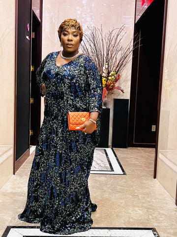 NORA V-NECK SEQUIN LACE KAFTAN MAXI DRESS (Navy Blue) NORA V-NECK SEQUIN LACE KAFTAN MAXI DRESS (Navy Blue)