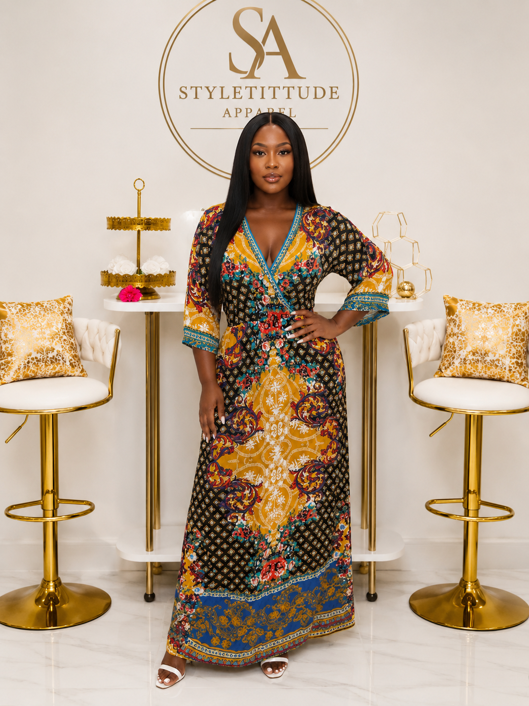 Valencia Mosaic Print V-Neck Cotton Maxi Dress – styletittudeapparelusa