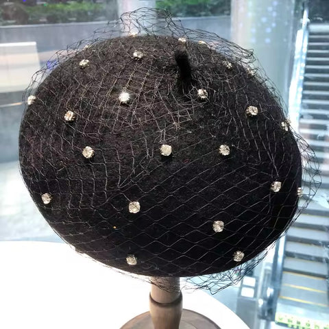 KAYLA NETTED RHINESTONE STYLISH FRENCH BERET HAT KAYLA NETTED RHINESTONE STYLISH FRENCH BERET HAT