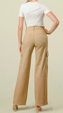 EVOGUE HIGH WAISTED FITTED WIDE LEG CARGO JEANS ( Beige)