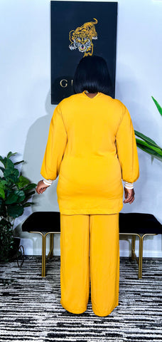 Zelia Pearled Bow Tunic Pant Set (Mustard)