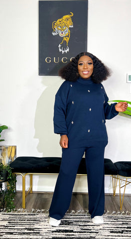 Ariana Silver Embellished 2pc Knit Puff Sleeve Sweater Set (Navy Blue) Ariana Silver Embellished 2pc Knit Puff Sleeve Sweater Set (Navy Blue)