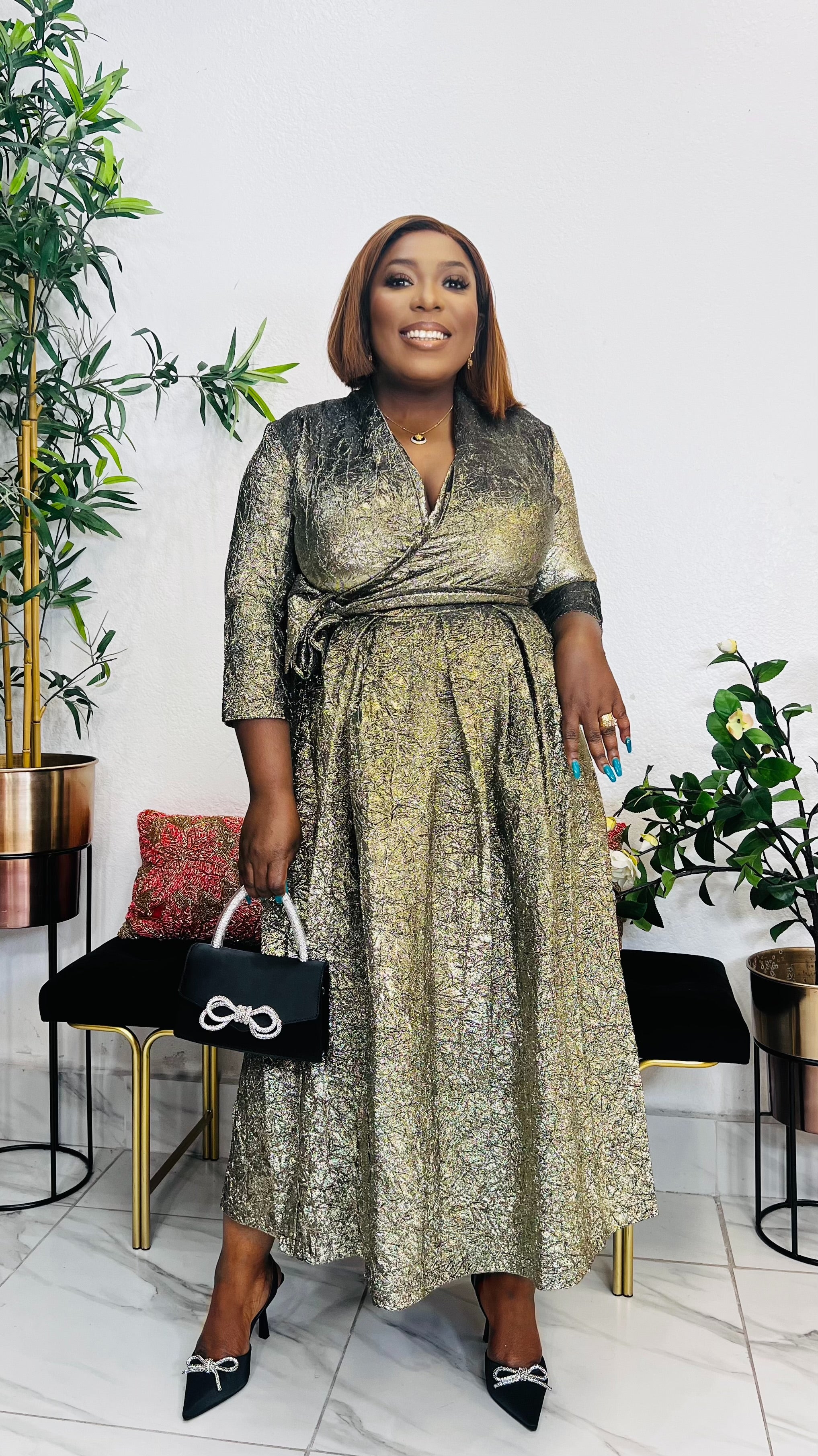 metallic wrap midi dress Harbor Brown Metallic Wrap Detail Midi Dress Girl In Mind