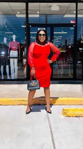 SHANE DETAIL NECK MESH SLEEVE MIDI DRESS (Red) SHANE DETAIL NECK MESH SLEEVE MIDI DRESS (Red)