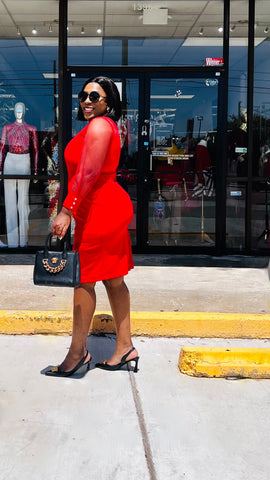 SHANE DETAIL NECK MESH SLEEVE MIDI DRESS (Red) SHANE DETAIL NECK MESH SLEEVE MIDI DRESS (Red)