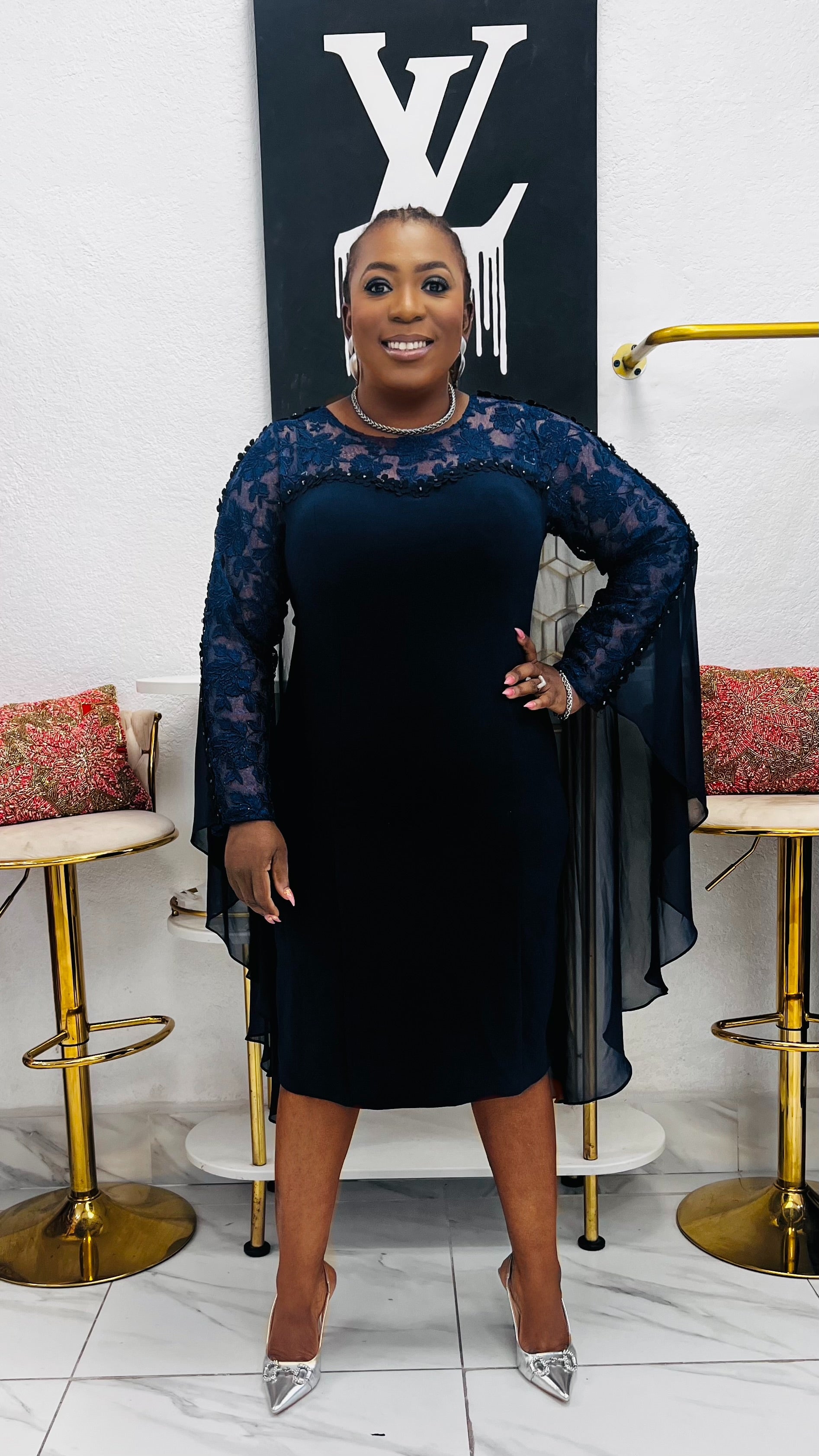 The NOIRLLE Embellished Cape Sleeve Elegance Dress - Navy The NOIRLLE Embellished Cape Sleeve Elegance Dress - Navy