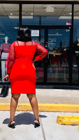 SHANE DETAIL NECK MESH SLEEVE MIDI DRESS (Red) SHANE DETAIL NECK MESH SLEEVE MIDI DRESS (Red)