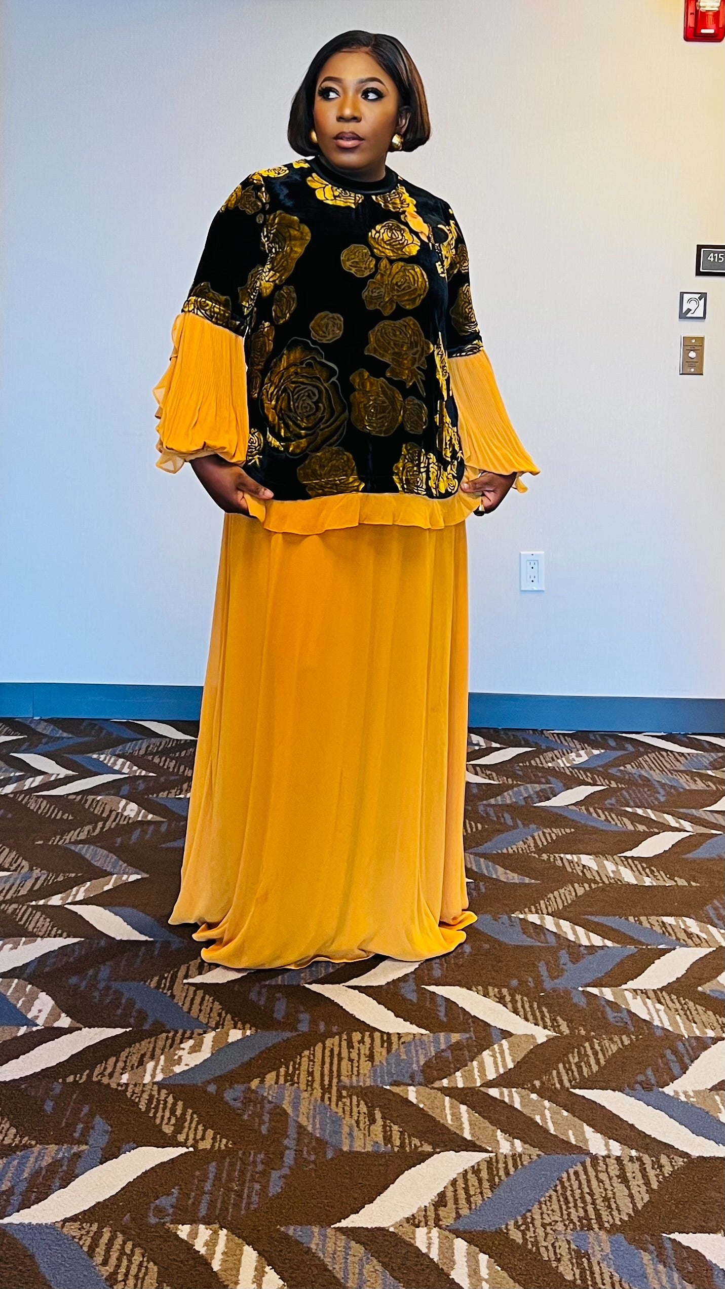 Teila 2 Piece Velvet Chiffon Maxi Dress (Mustard/Black) – styletittudeapparelusa
