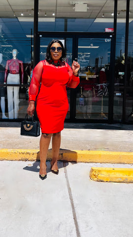 SHANE DETAIL NECK MESH SLEEVE MIDI DRESS (Red) SHANE DETAIL NECK MESH SLEEVE MIDI DRESS (Red)