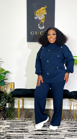 Ariana Silver Embellished 2pc Knit Puff Sleeve Sweater Set (Navy Blue) Ariana Silver Embellished 2pc Knit Puff Sleeve Sweater Set (Navy Blue)