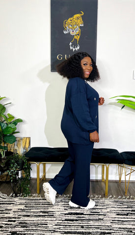 Ariana Silver Embellished 2pc Knit Puff Sleeve Sweater Set (Navy Blue) Ariana Silver Embellished 2pc Knit Puff Sleeve Sweater Set (Navy Blue)