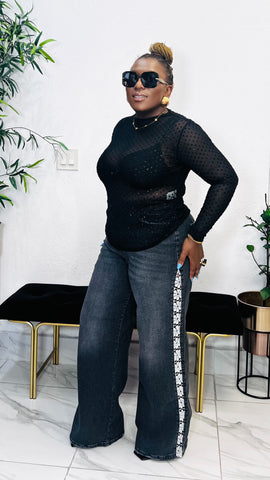 LULU POLKADOT MESH SIDE RUCHED TOP