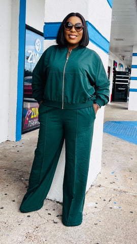 Keep It Classy Zip Up Wide Leg Pants Set (Green)