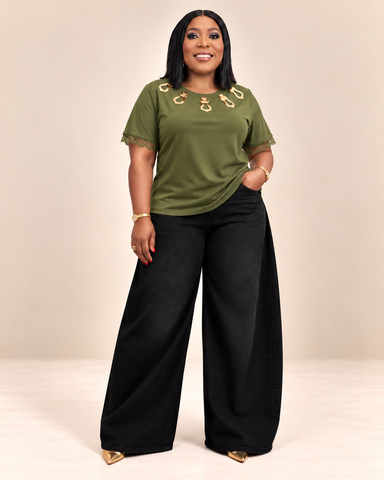 Liora Gold Hardware Brooch  Lace-Trim Top