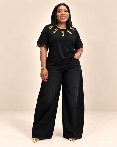 Liora Gold Hardware Brooch  Lace-Trim Top
