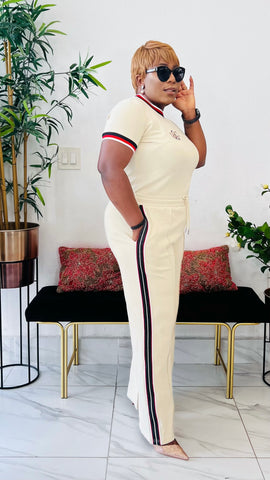 FRANCISCA SIDE STRIPE STONED LUXE KNIT PANT SET