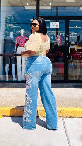 BLOSSOM FLORAL LACE APPLIQUÉ   WIDE LEG JEANS