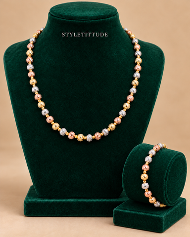 Tayanna Tri-Tone Diamond Cut Ball Necklace & Bracelet Set