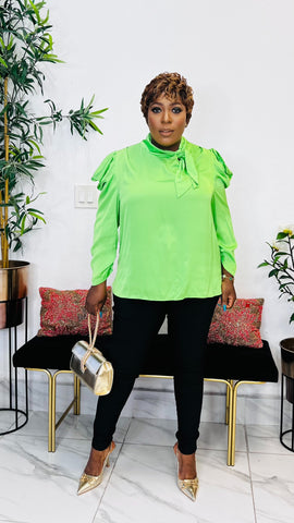 ELINDA SIDE TIE MOCK NECK SATIN TOP (Lemon)