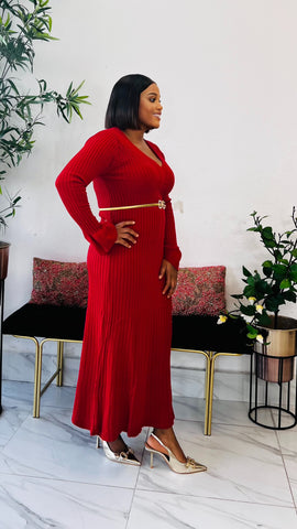 MARTHA RIBBED V-NECK SWEATER DRESS (red)