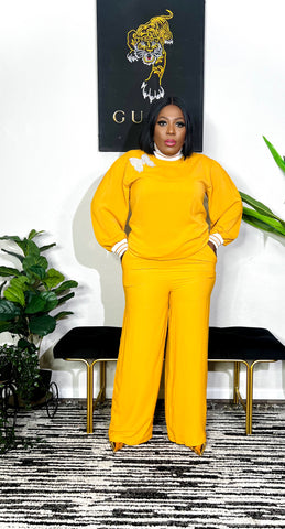 Zelia Pearled Bow Tunic Pant Set (Mustard)
