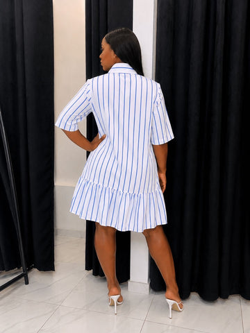 KEATON BLUE PINSTRIPE DROP WAIST SHIRT MINI DRES