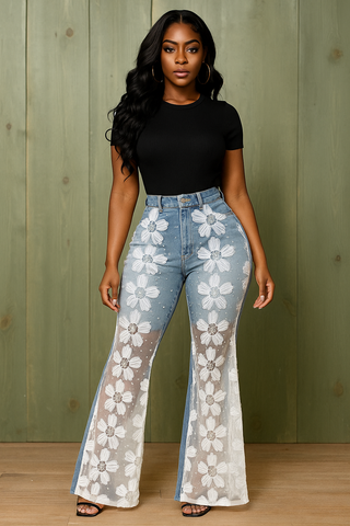 FLEUR FRONT EMBELLISHED LACE WIDE LEG JEANS