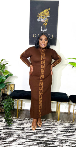 Hannah Midi Long Sleeve Sweater Dress (Brown/Tan)