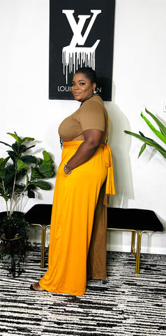 SHEILA HALF AND HALF CROP TOP WIDE LEG PANT SET (Mustard)