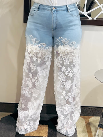 SAMANTHA FLORAL LACE PANEL JEANS PANT