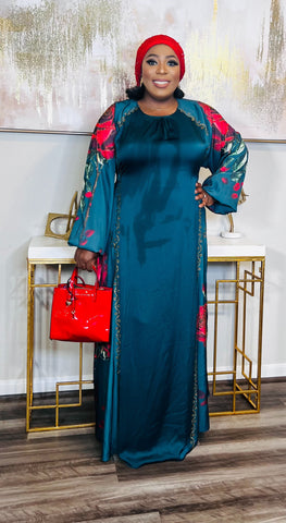 Emerald Floral Rhinestone Silk Maxi Dress