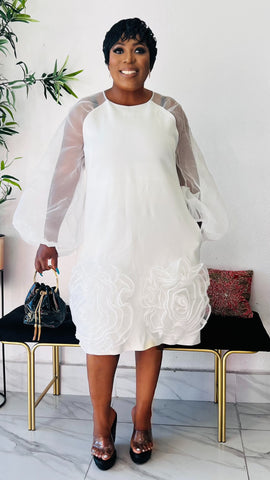 BLANCO ORGANZA FLOWER RUFFLES DETAIL MIDI DRESS (Plus)