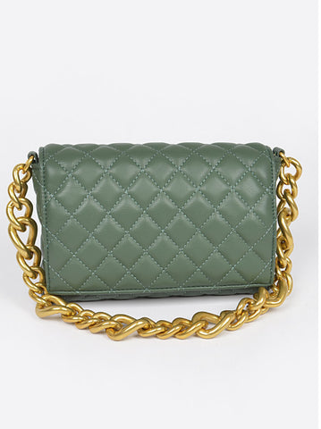 JAVIES CHUNKY CHAIN QUILTED FAUX LEATHER SHOULDER BAG (Olive)