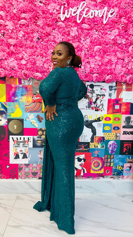 SCARLETT SEQUINED FRONT DRAPE LONG SLEEVE OCCASION MAXI DRESS ( Green)