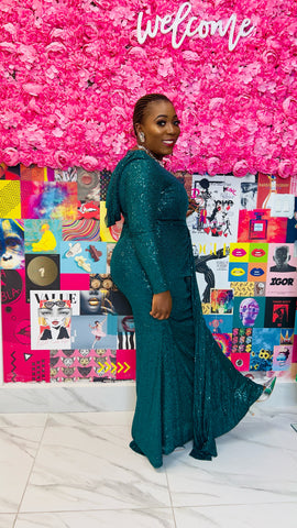 SCARLETT SEQUINED FRONT DRAPE LONG SLEEVE OCCASION MAXI DRESS ( Green)