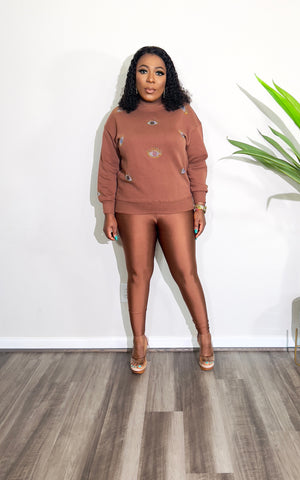 ANGEL EYE LONG SLEEVE EMBELLISHED SWEATER TOP (Brown)