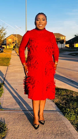 REVNA TEXTURED 3D PETAL MIDI DRESS (Red)