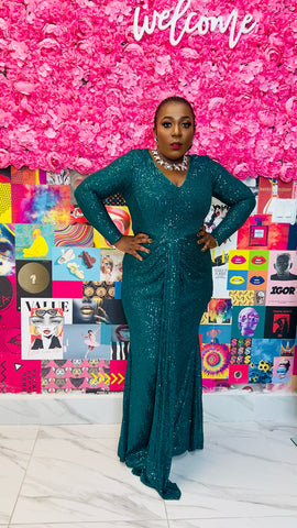 SCARLETT SEQUINED FRONT DRAPE LONG SLEEVE OCCASION MAXI DRESS ( Green)