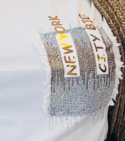 BIG CITY DENIM RHINESTONE DETAIL T-SHIRT TOP (White)
