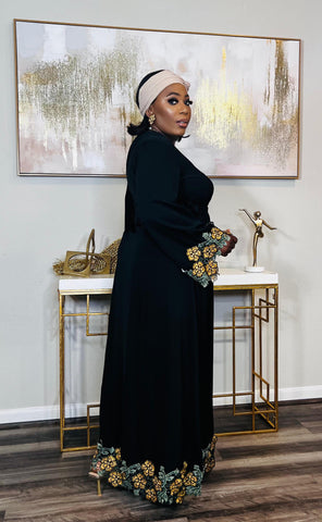 Blooming Floral Patch Lace Kaftan Maxi Dress (Gold)