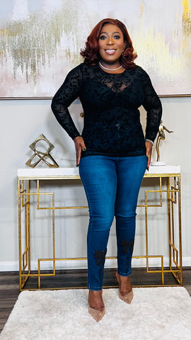 The Moiré Suede Sheer Mesh Floral Top(Black)