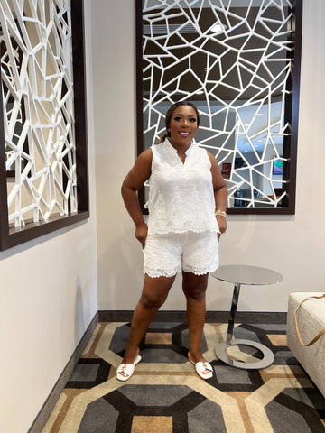 EMERY COTTON LACE TOP AND PANT SHORTS SET (White)