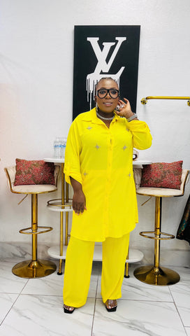 Citrine Élan Embellished Shirt Dress / Pant Set - Yellow