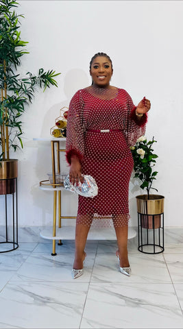 MOMENTOUS FEATHER TRIM ACRYLIC EXCLUSIVE OCCASION DRESS (Burgundy) - Small MOMENTOUS FEATHER TRIM ACRYLIC EXCLUSIVE OCCASION DRESS (Burgundy) - Small