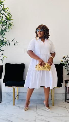 SENNA BEADED COLLAR FLARE MIDI DRESS