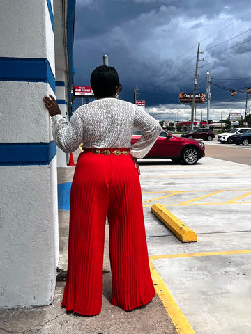 QUINNTY BELTED PLEATED WIDE LEG PANTS (Red)