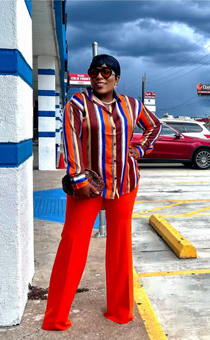 JANICE SILK MULTICOLOR STRIPE SHIRT TOP (Orange )